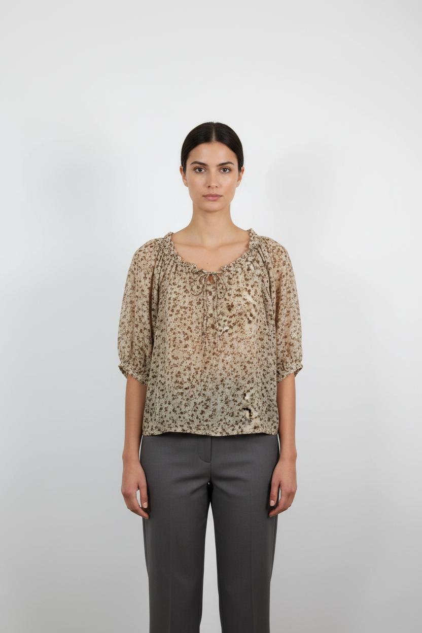Blouse Fleurie Beige et Marron - Taille L/40
