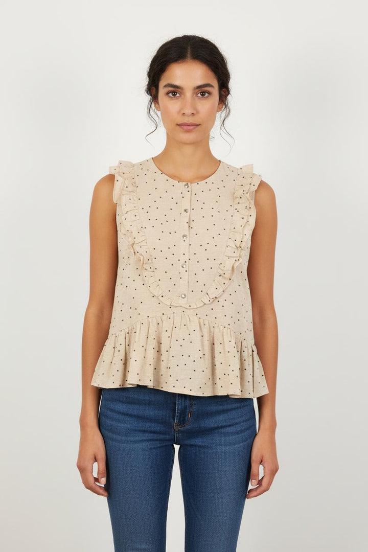 Blouse Beige à Pois Noirs - Taille S/36