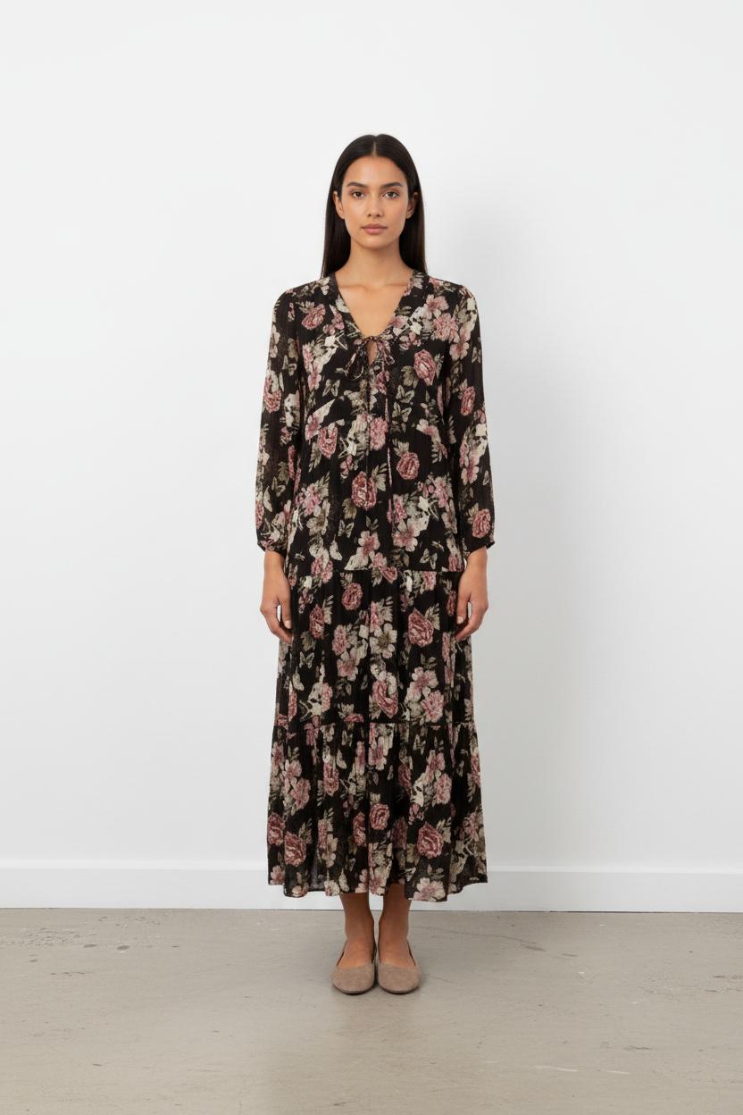 Robe Longue Noire et Fleurie - Taille M/38