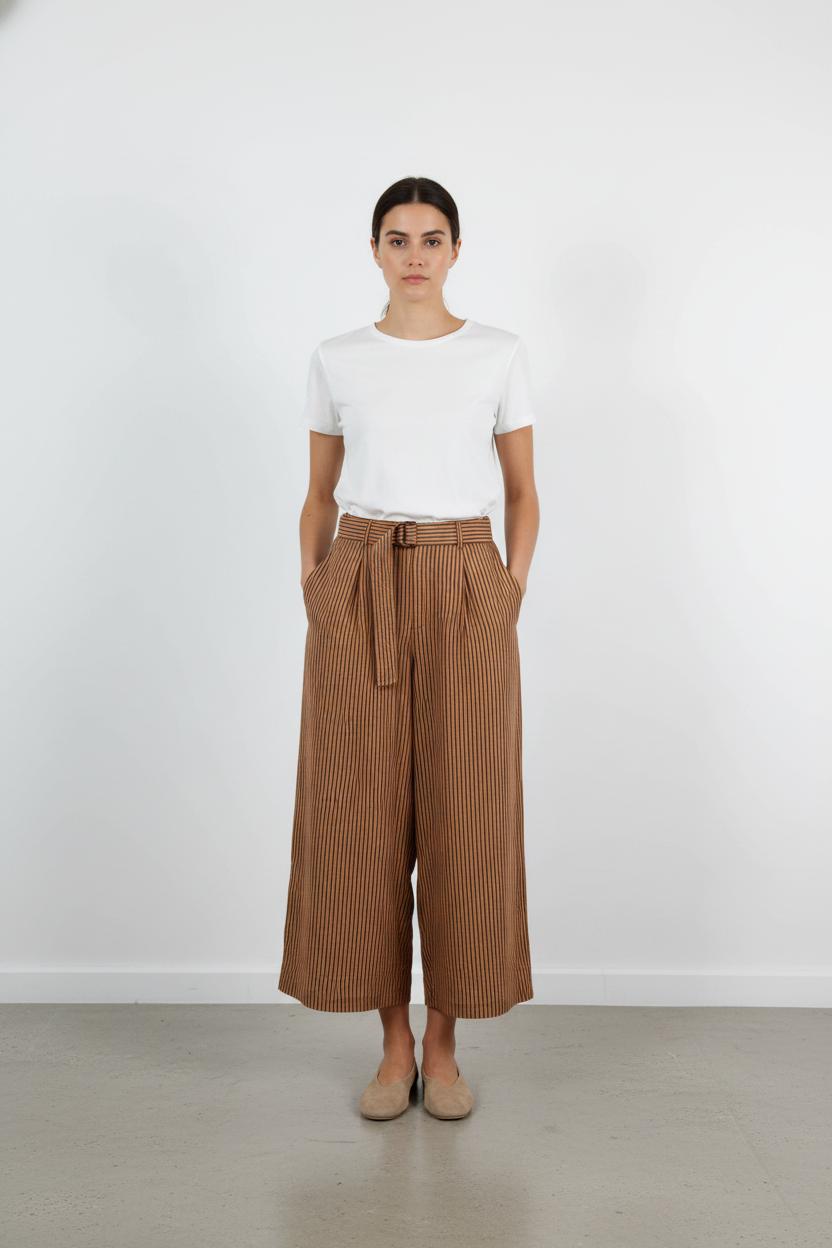 Pantalon Large Marron à Rayures - Taille M/38