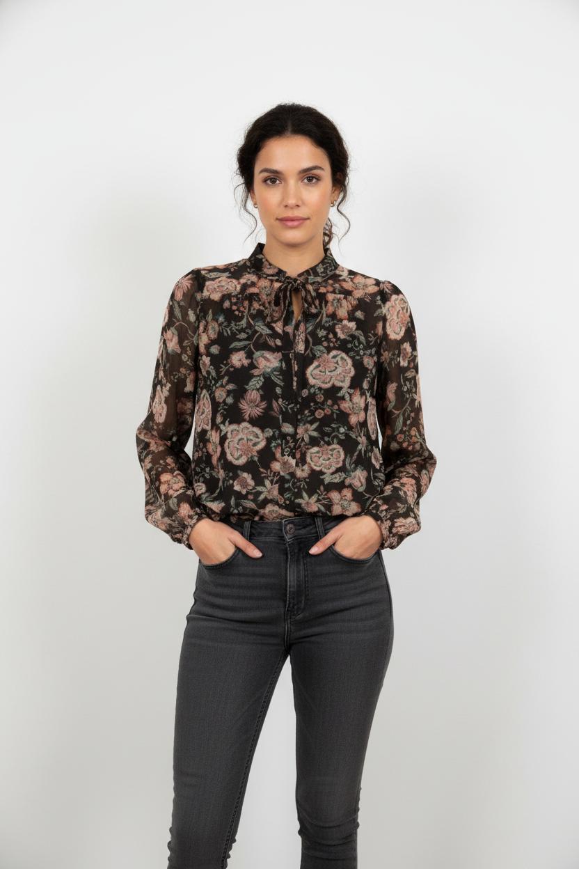 Blouse Noire et Fleurie - Taille S/36