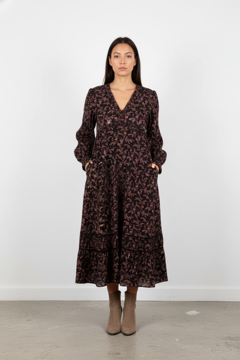 Robe Longue Noire et Rose - Taille S/36