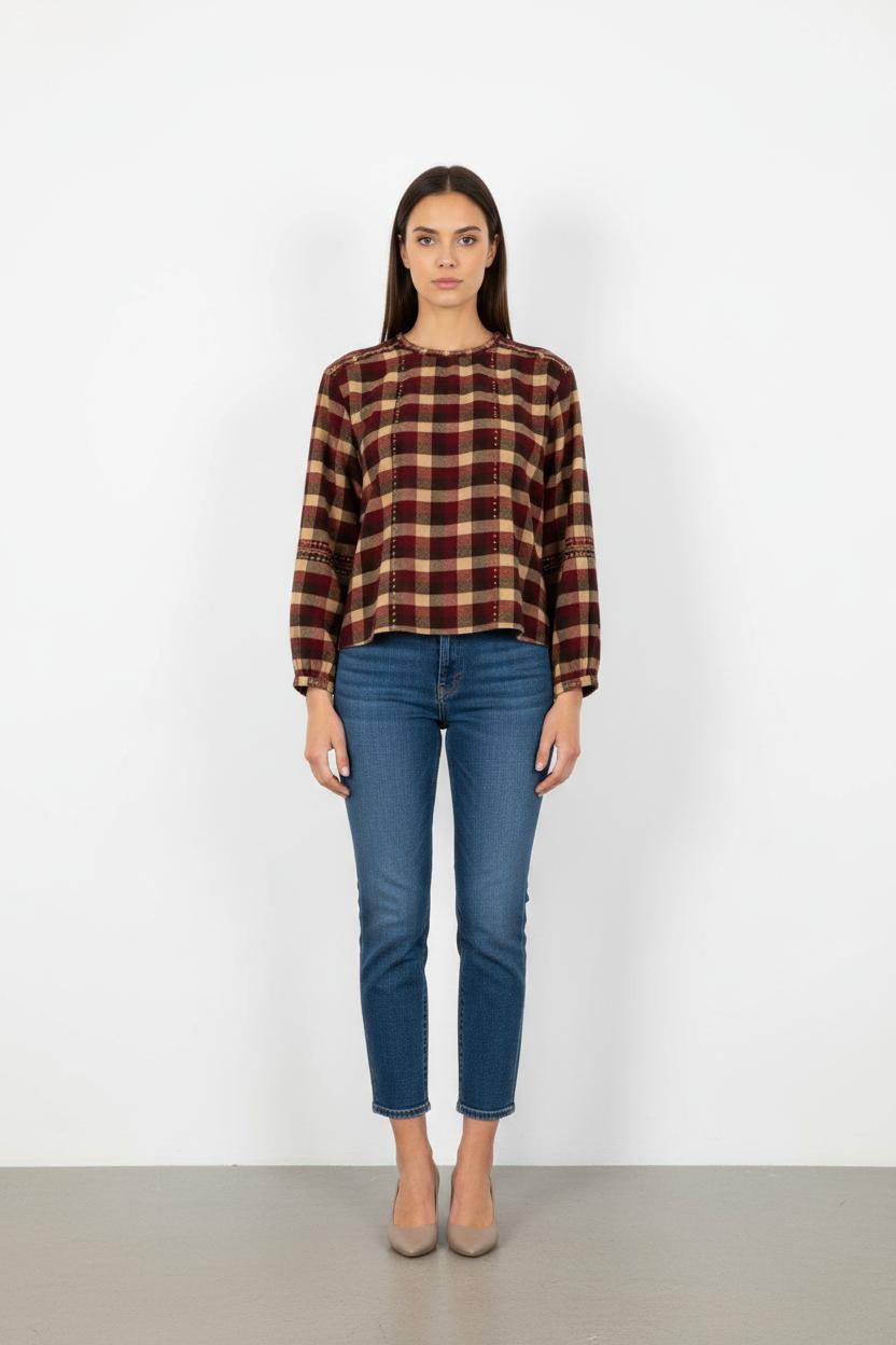 Blouse Carreaux Bordeau et Beige - Taille S/36