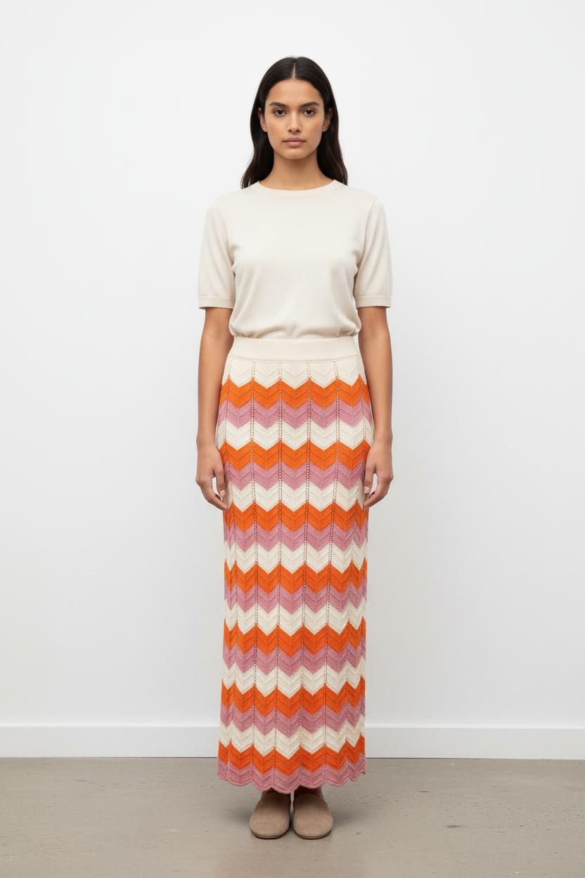 Jupe Longue Orange Rose et Écrue - Taille S/36
