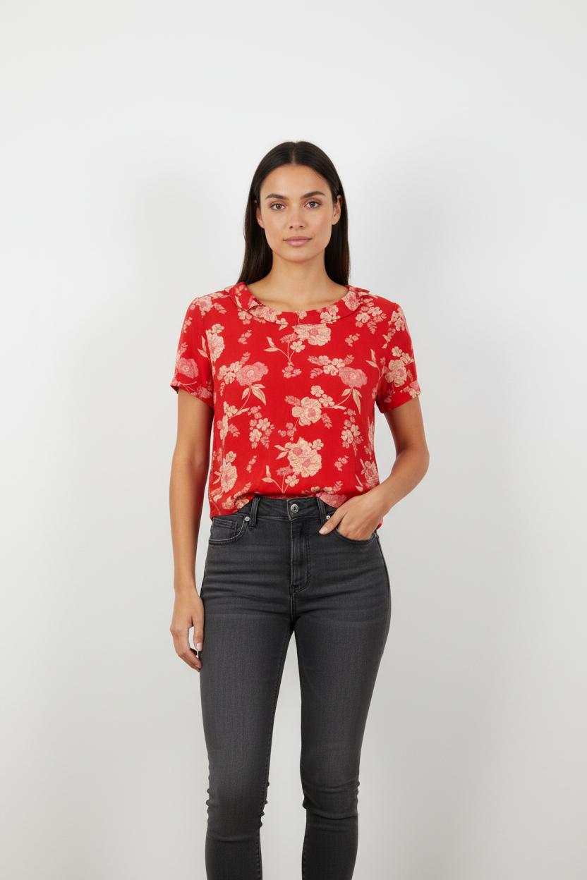 Blouse Rouge et Beige - Taille M/38