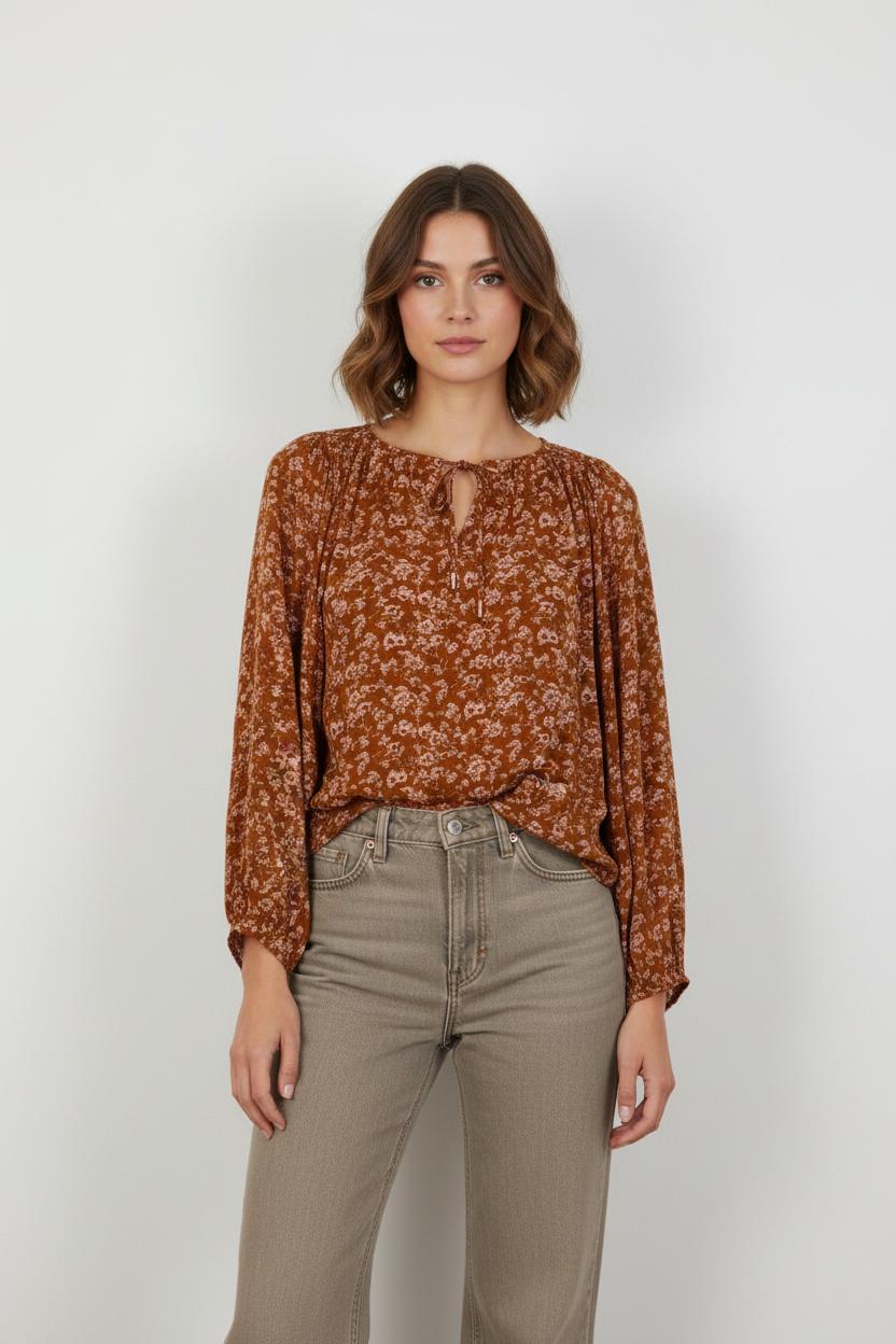 Blouse Fleurie Marron et Blanche - Taille S/36