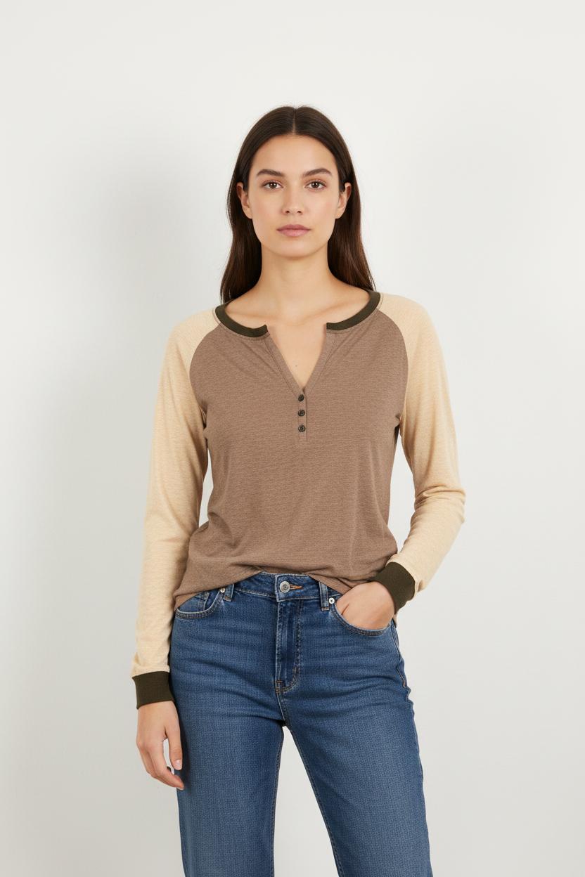 Tee-shirt Manches Longues Beige et Marron - Taille S/36