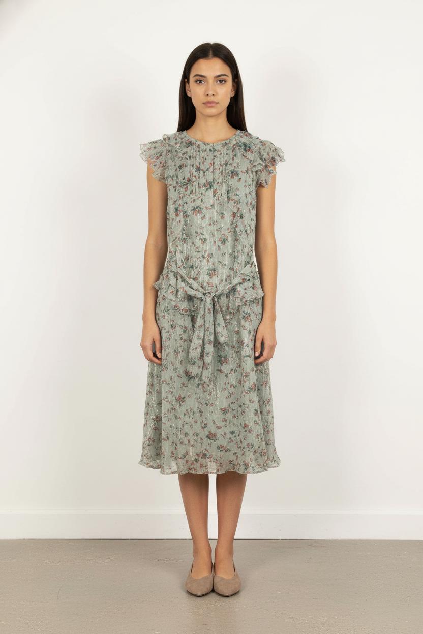 Robe Portefeuille Verte à Fleurs Marron - Taille M/38