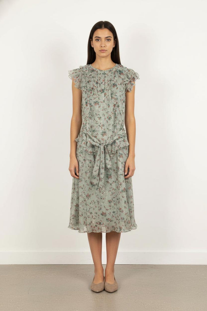 Robe Portefeuille Verte à Fleurs Marron - Taille M/38