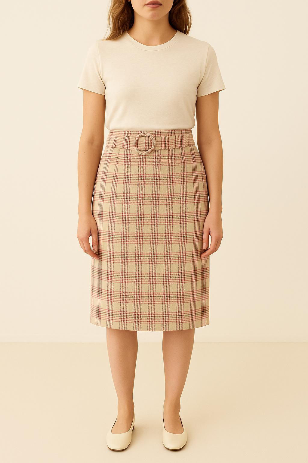 Jupe Midi Beige à Carreaux Roses - Taille M/38 de la marque Imprevu | PARAD61090 - Vendu par Paradigme - Image 1
