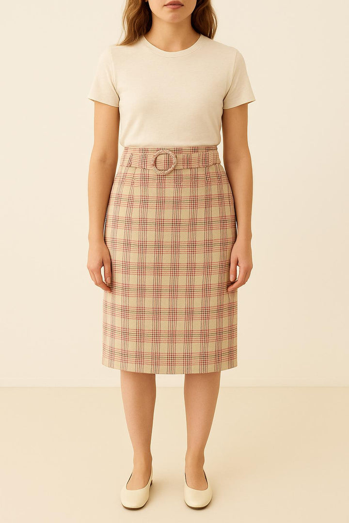 Jupe Midi Beige à Carreaux Roses - Taille M/38 de la marque Imprevu | PARAD61090 - Vendu par Paradigme - Image 1