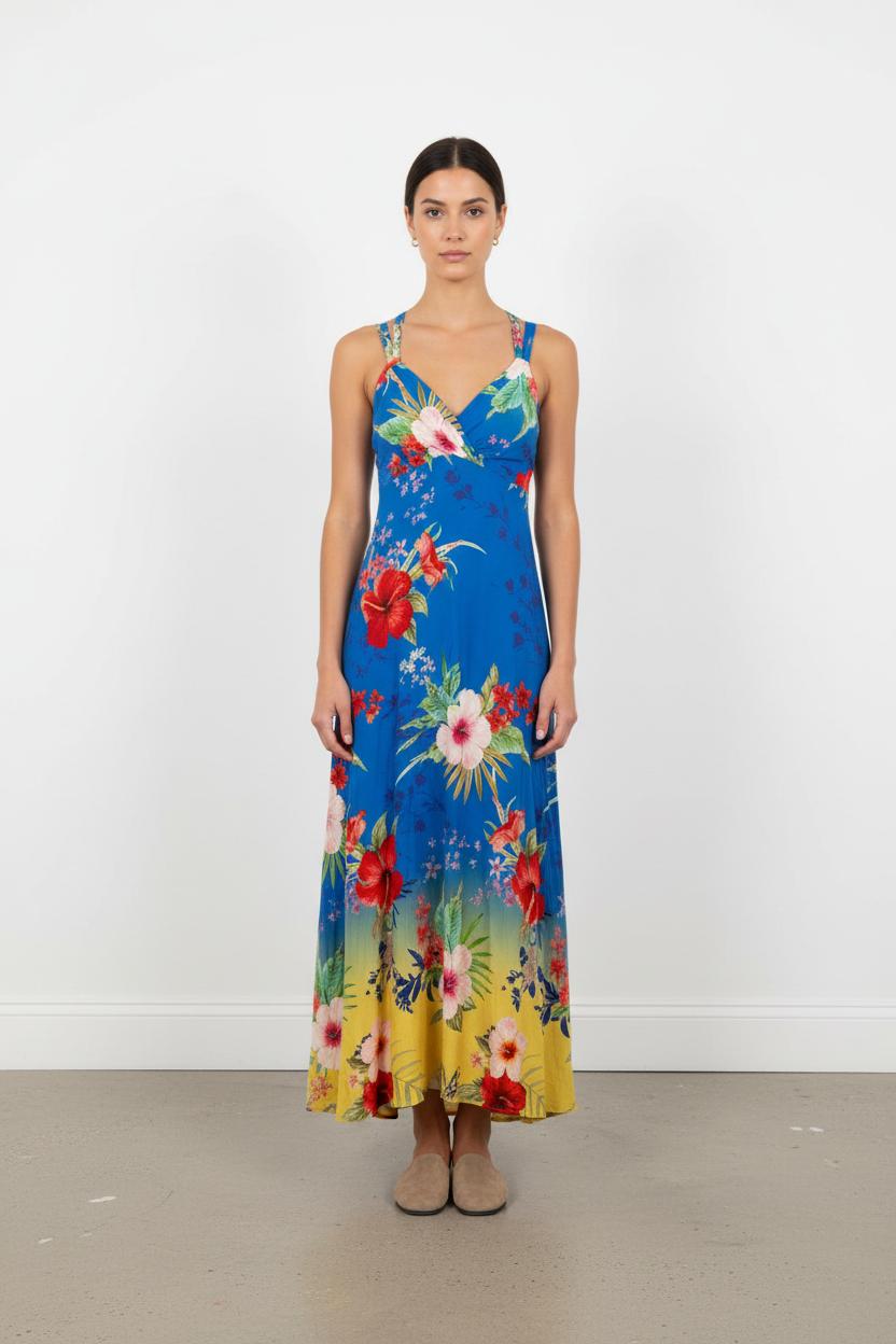 Robe Longue Bleue et Jaune - Taille XS/34