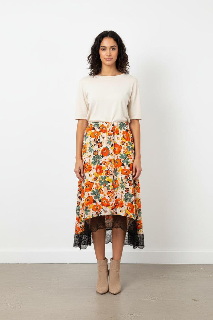 Jupe Midi Fleurie Orange et Noire - Taille L/40