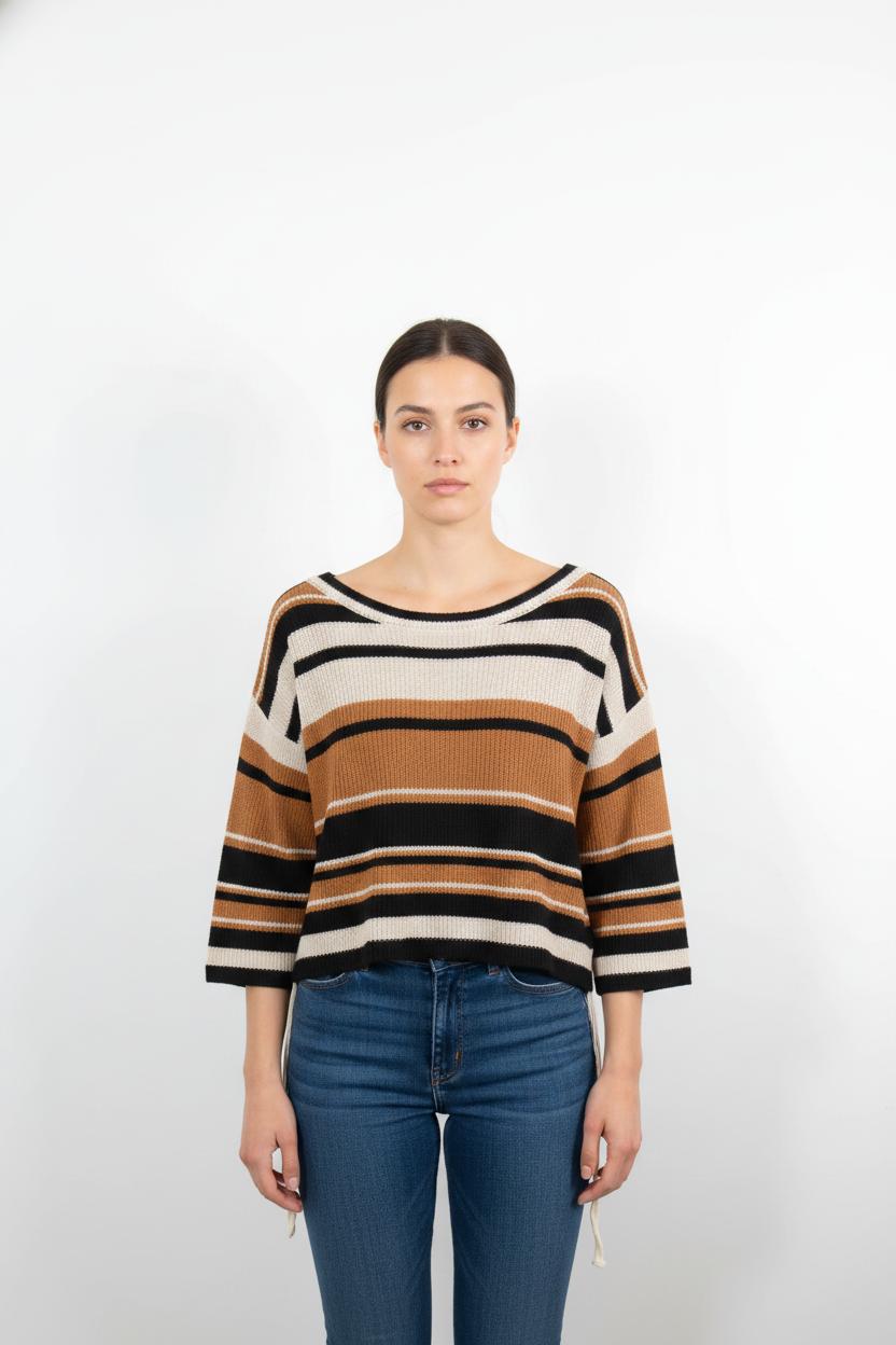 Pull Rayé Noir Blanc et Camel - Taille S/36