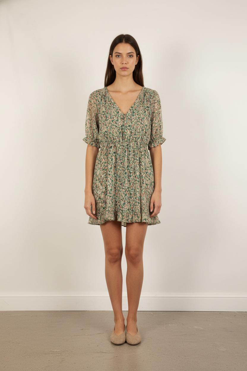 Robe Fleurie Verte et Beige - Taille M/38