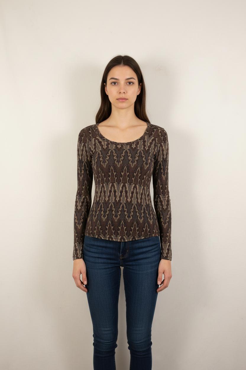 Tee-shirt Manches Longues Marron et Beige - Taille S/36