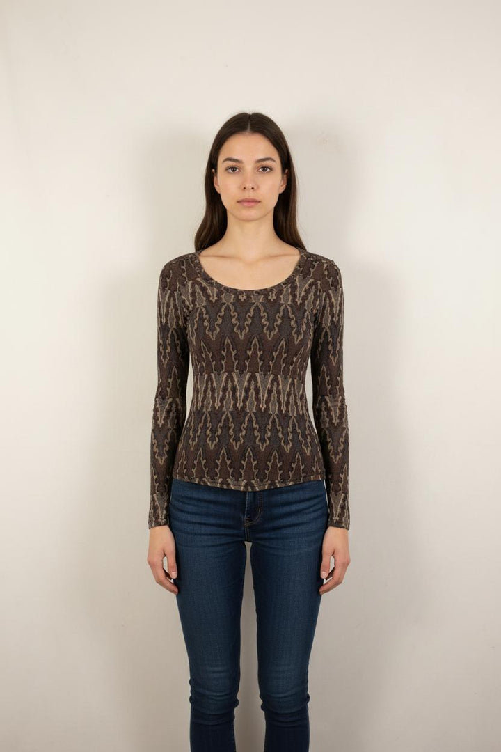 Tee-shirt Manches Longues Marron et Beige - Taille S/36