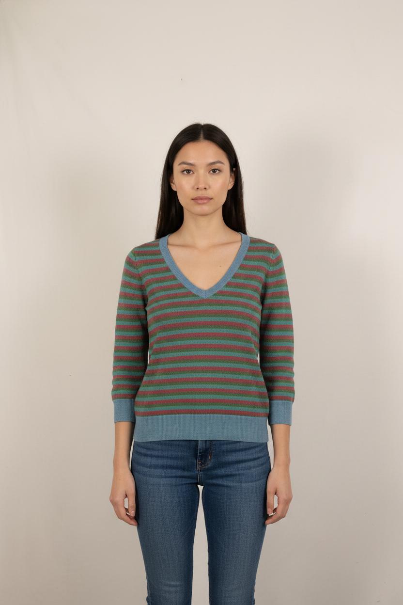 Pull Rayé Vert et Rouge - Taille L/40