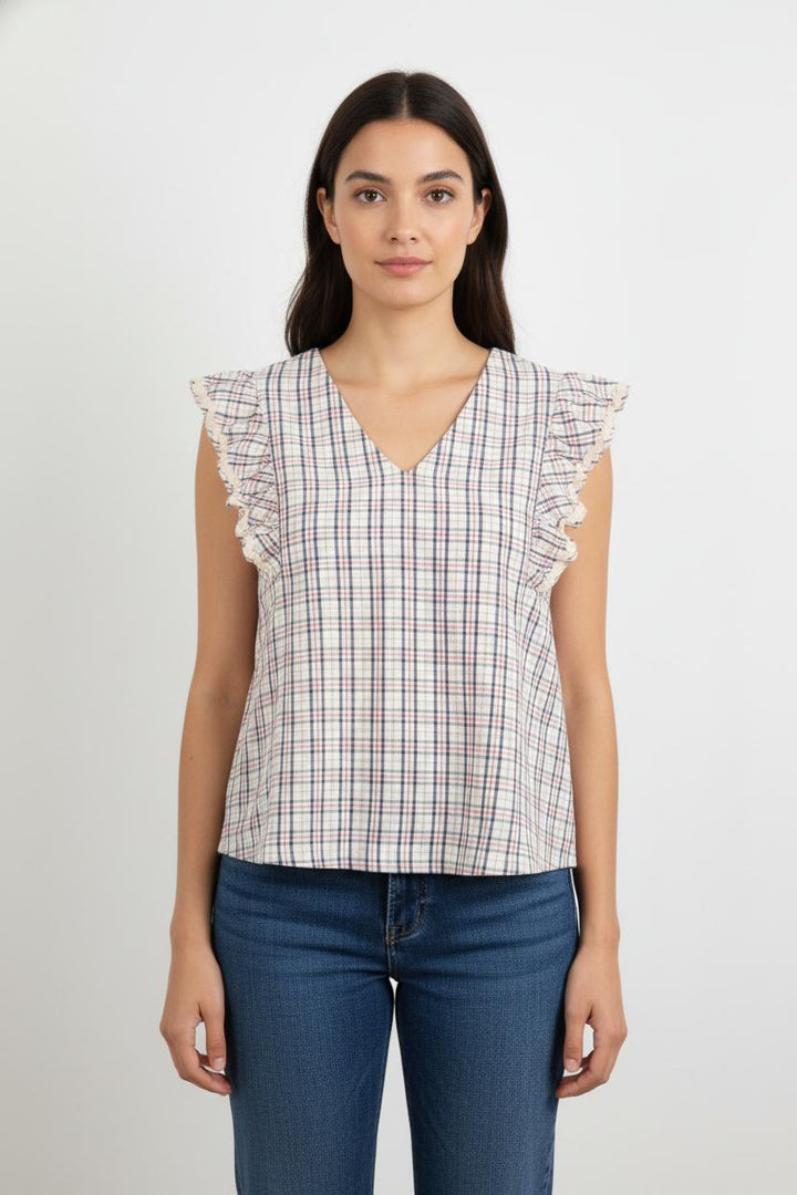 Blouse Blanc à Carreaux Bleus et Rouges - Taille S/36