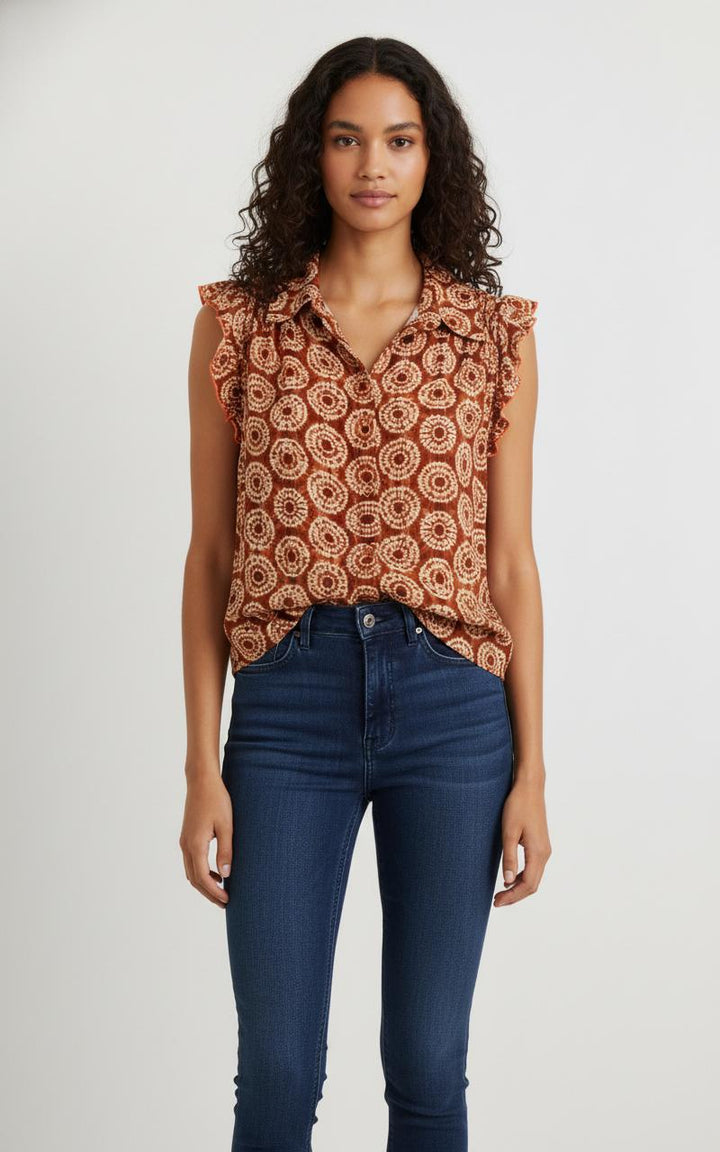 Blouse Sans Manches Marron et Beige - Taille M/38