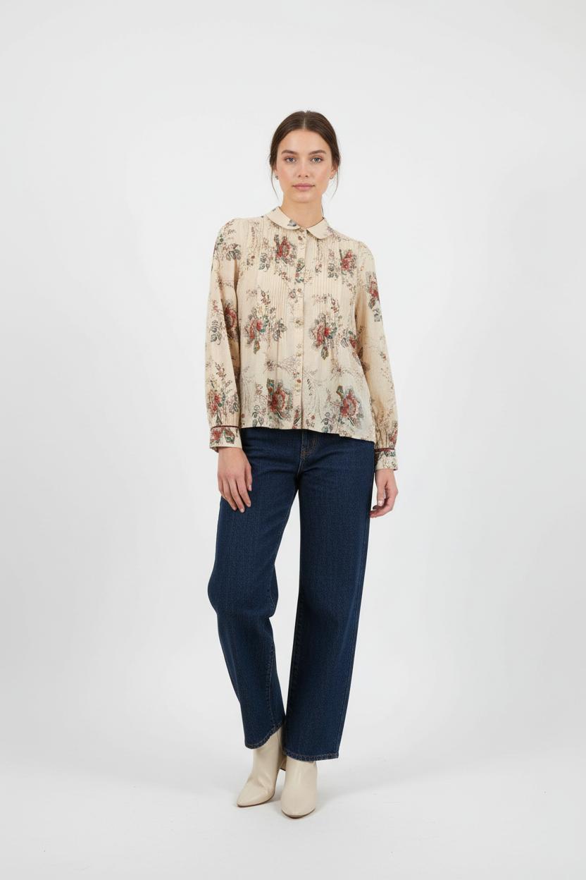 Blouse Fleurie Beige et Rouge - Taille XS/34 de la marque Léon & Harper | PARAD64656 - Vendu par Paradigme - Image 1