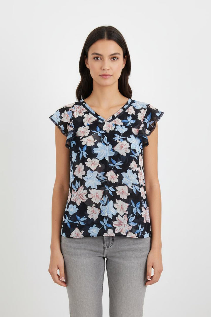 Blouse Fleurie Bleue et Blanche - Taille S/36