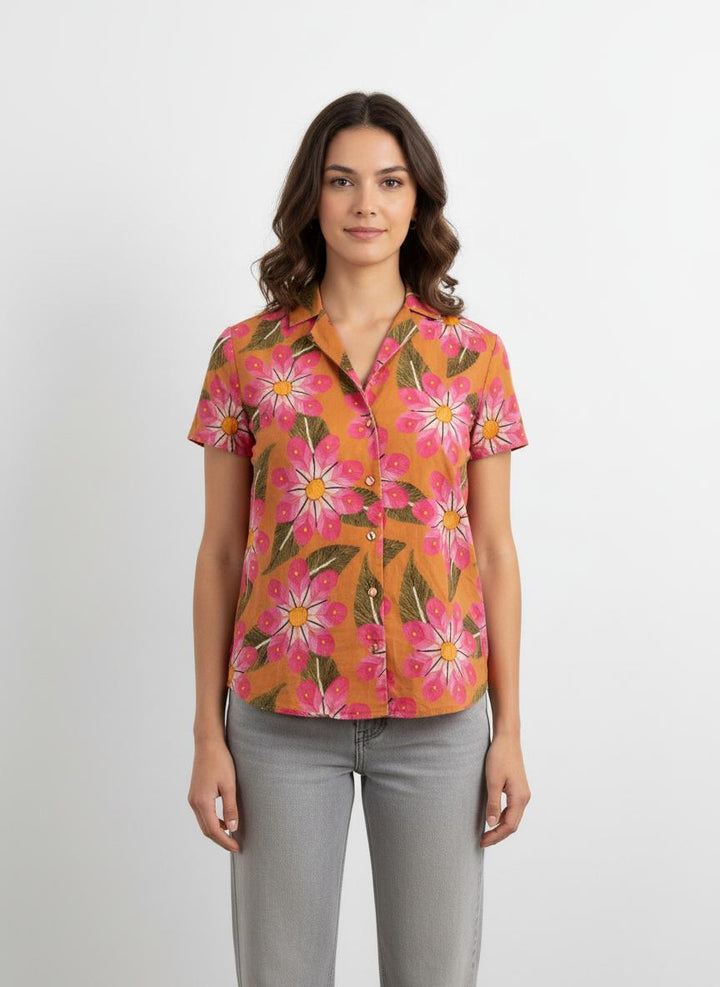 Chemise à Fleurs Orange et Rose - Taille M/38