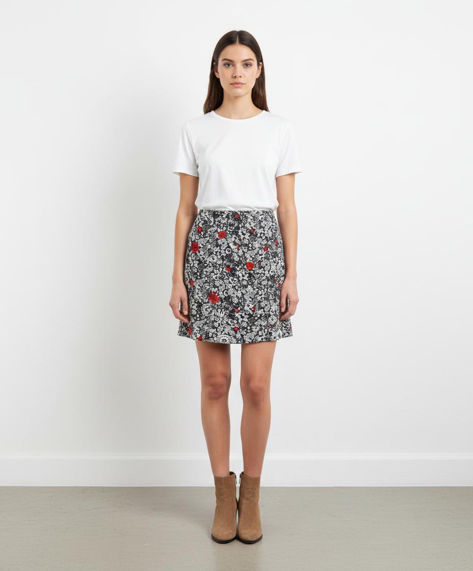 Jupe Plissée Noire et Blanche à Fleurs Rouges - Taille S/36