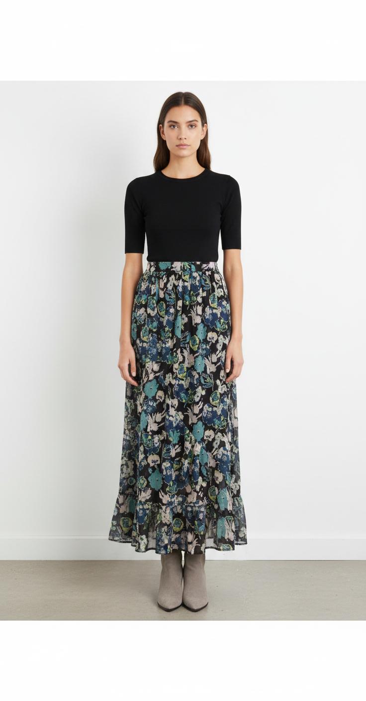 Jupe Longue Fleurie Bleue et Noire - Taille S/36