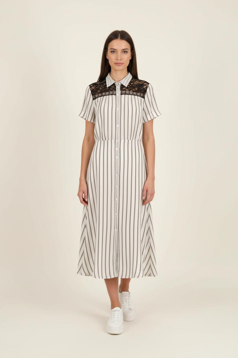Robe Chemise Rayée Beige et Noire - Taille S/36 de la marque Sandro | PARAD65465 - Vendu par Paradigme - Image 1