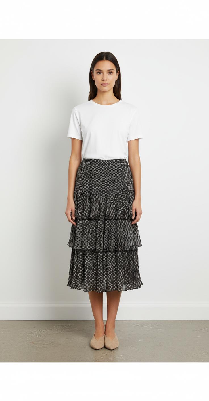 Jupe Midi Noire à Pois Blancs - Taille L/40