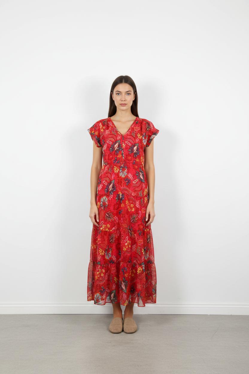 Robe Longue Rouge à Fleurs - Taille XS/34