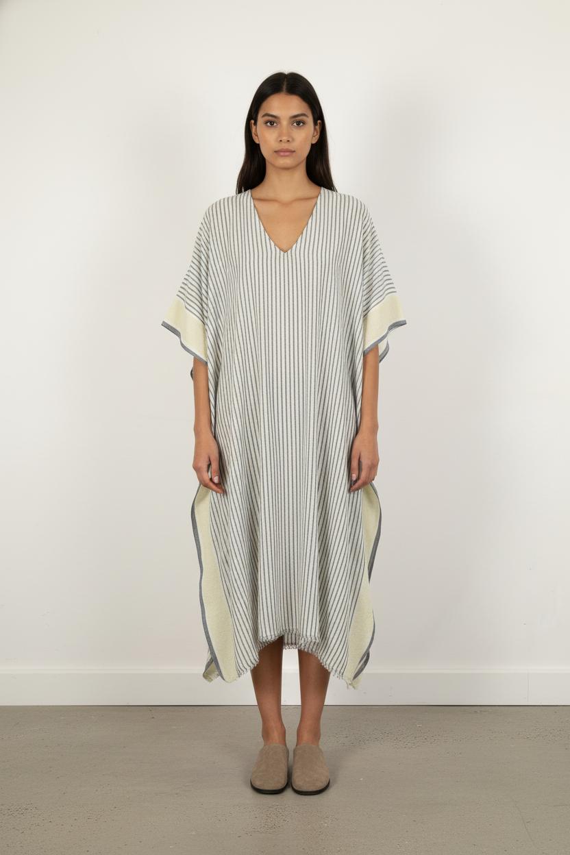 Robe Midi Rayée Écrue et Grise - Taille T.U.