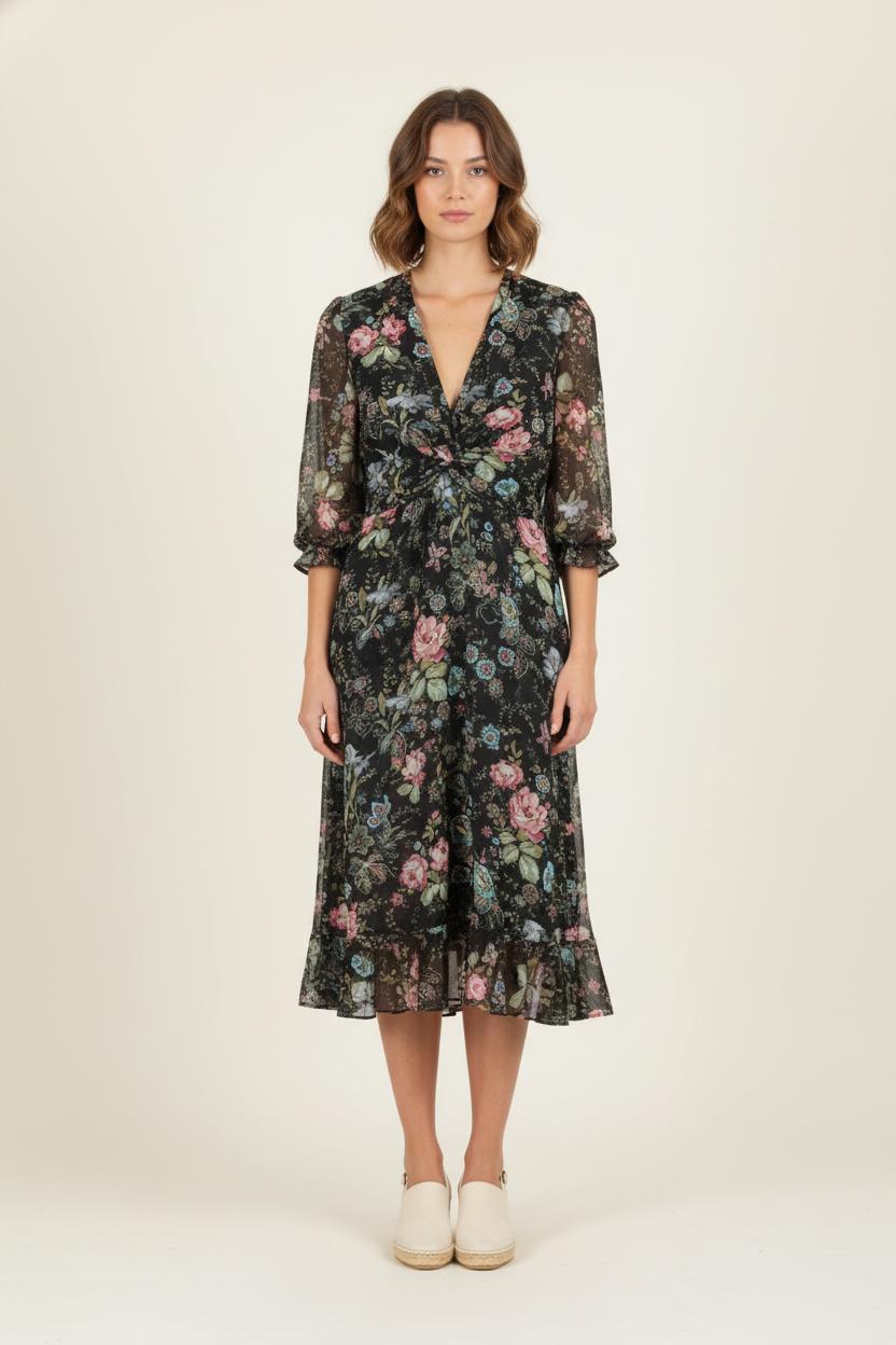 Robe Fleurie Noire et Rose - Taille XL/42 de la marque The Kooples | PARAD68704 - Vendu par Paradigme - Image 1