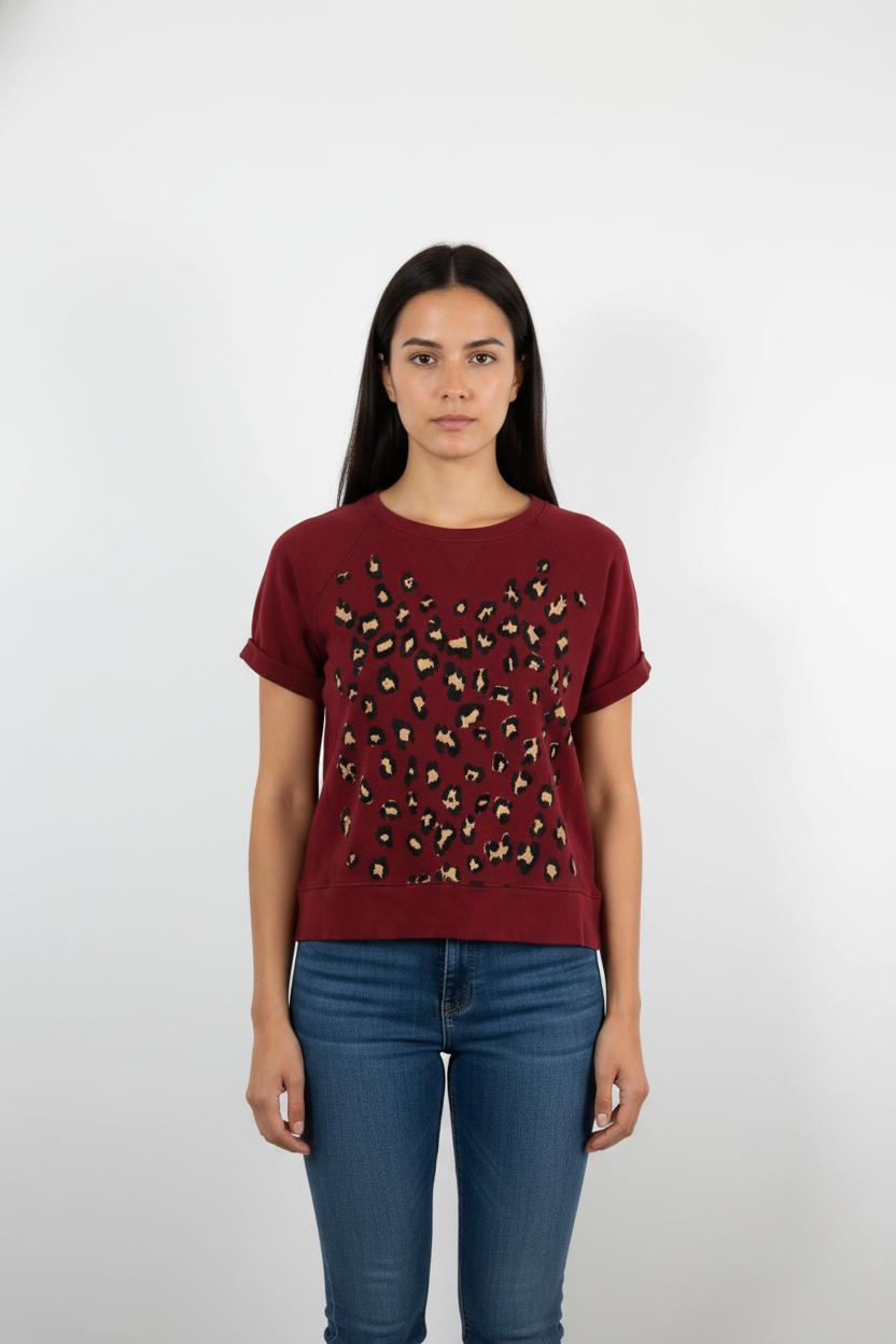 Sweat Manches Courtes Bordeaux et Léopard - Taille S/36