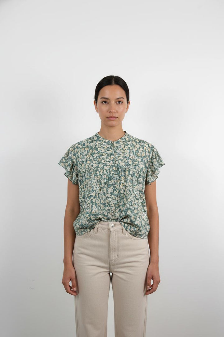 Blouse Fleurie Verte et Blanche - Taille S/36