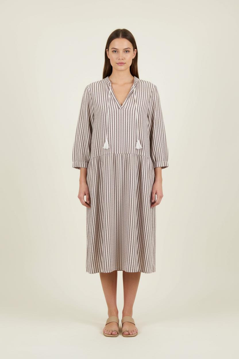 Robe Rayée Marron et Beige - Taille L/40 de la marque La Fée Maraboutée | PARAD72813 - Vendu par Paradigme - Image 1