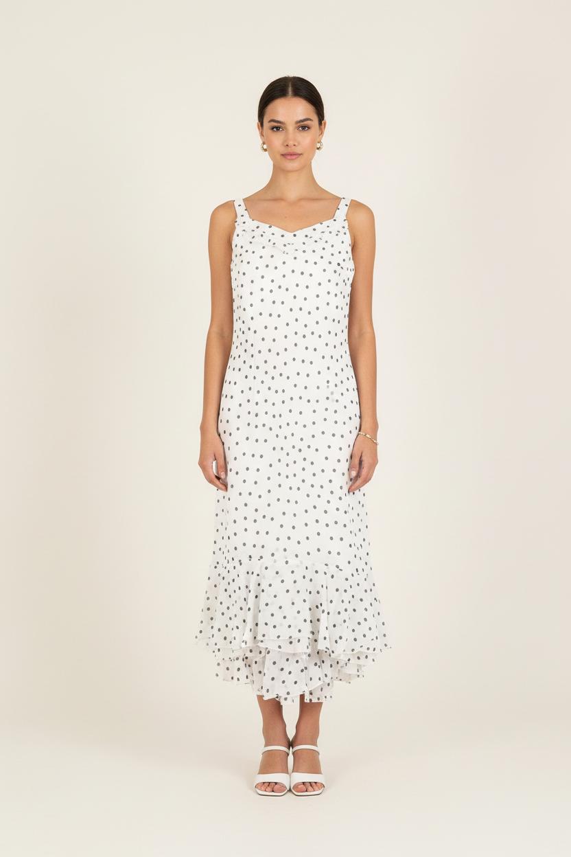 Robe Longue Blanche à Pois Noirs - Taille L/40 de la marque Caroll | PARAD73108 - Vendu par Paradigme - Image 1