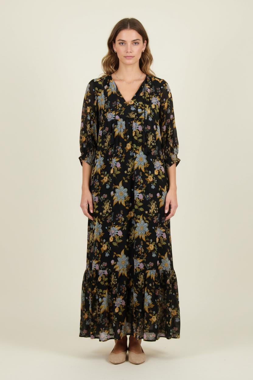 Robe Longue Noire et Fleurie - Taille S/36 de la marque IKKS | PARAD73537 - Vendu par Paradigme - Image 1