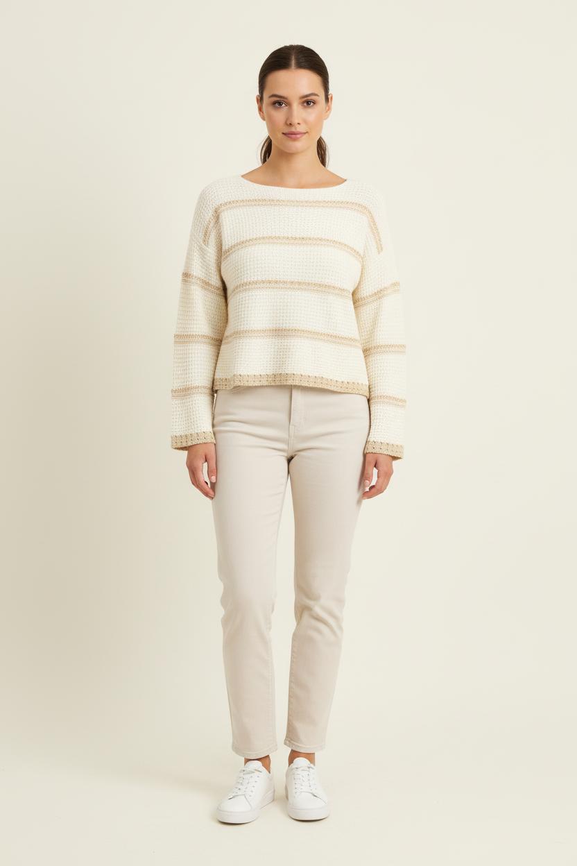 Pull Rayé Beige et Blanc - Taille L/40 de la marque La Fée Maraboutée | PARAD73977 - Vendu par Paradigme - Image 1