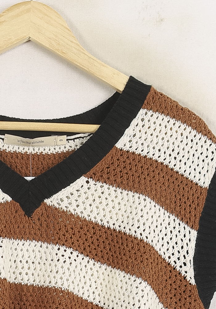 Pull Sans Manches Rayé Blanc et Marron - Taille L/40 de la marque La Fée Maraboutée | PARAD75964 - Vendu par Paradigme - Image 3