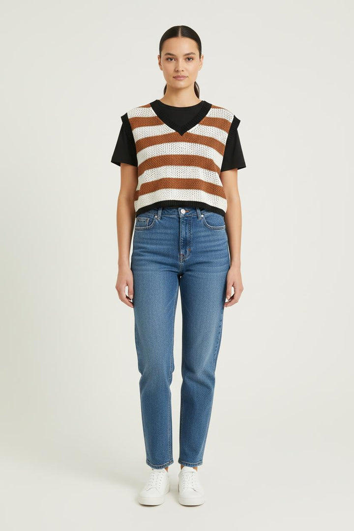 Pull Sans Manches Rayé Blanc et Marron - Taille L/40 de la marque La Fée Maraboutée | PARAD75964 - Vendu par Paradigme - Image 1