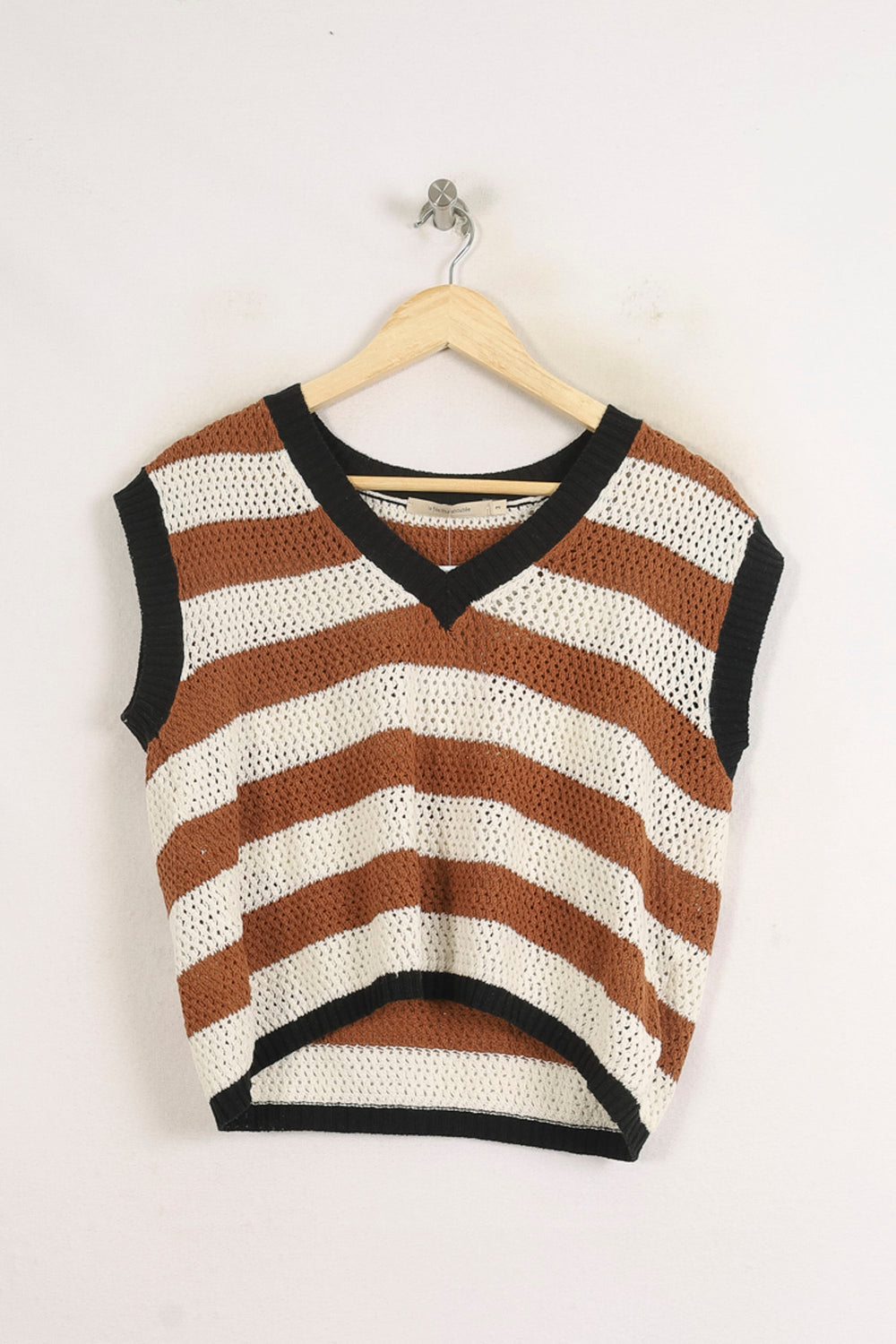 Pull Sans Manches Rayé Blanc et Marron - Taille L/40 de la marque La Fée Maraboutée | PARAD75964 - Vendu par Paradigme - Image 2