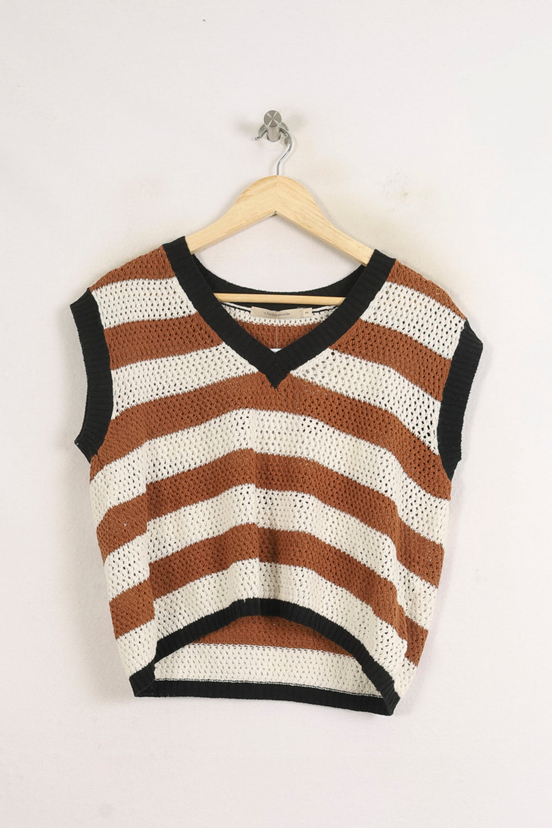 Pull Sans Manches Rayé Blanc et Marron - Taille L/40 de la marque La Fée Maraboutée | PARAD75964 - Vendu par Paradigme - Image 2