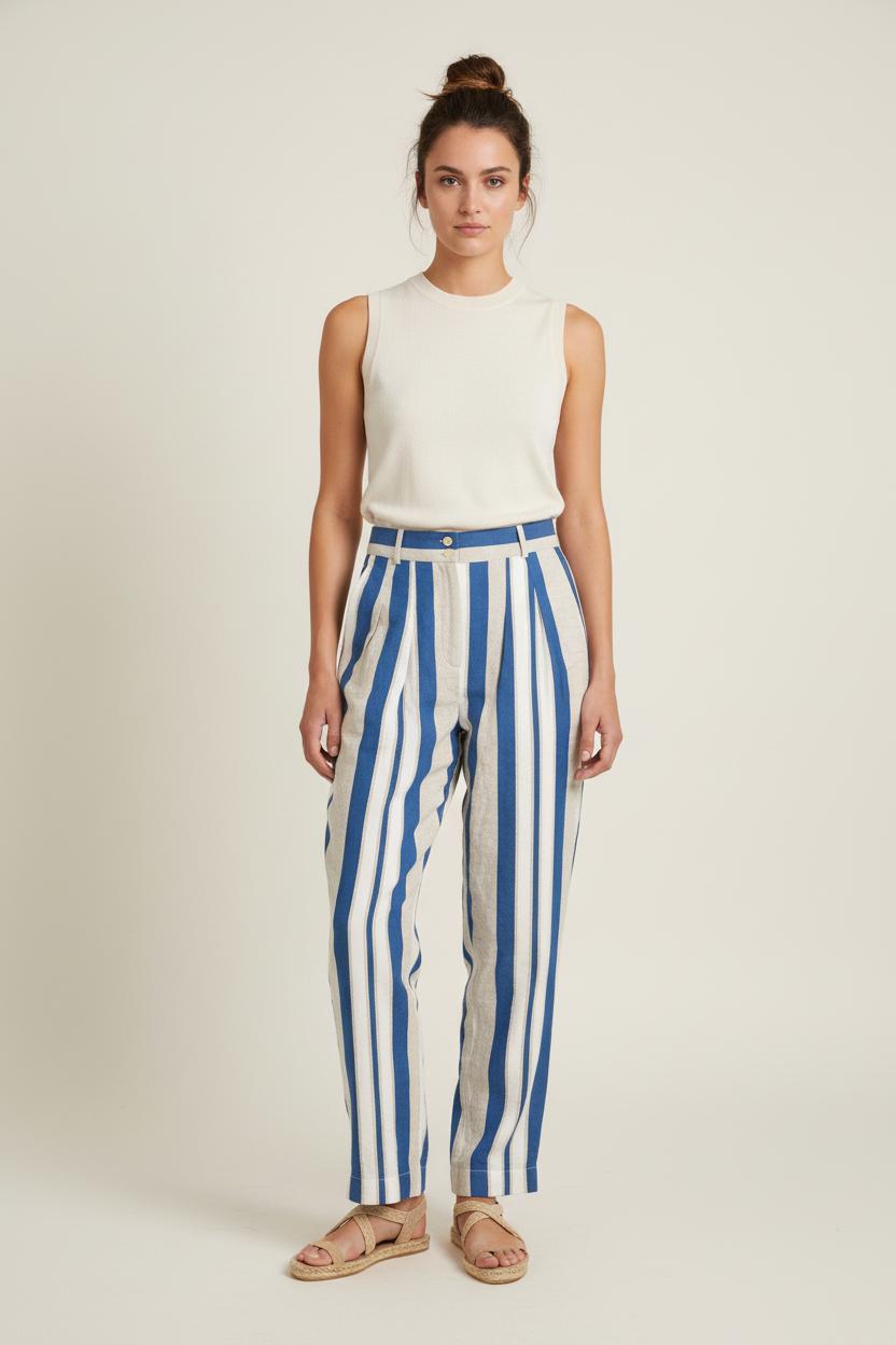 Pantalon Rayé Bleu Blanc et Beige - Taille S/36 de la marque Ines de la Fressange Paris | PARAD76080 - Vendu par Paradigme - Image 1