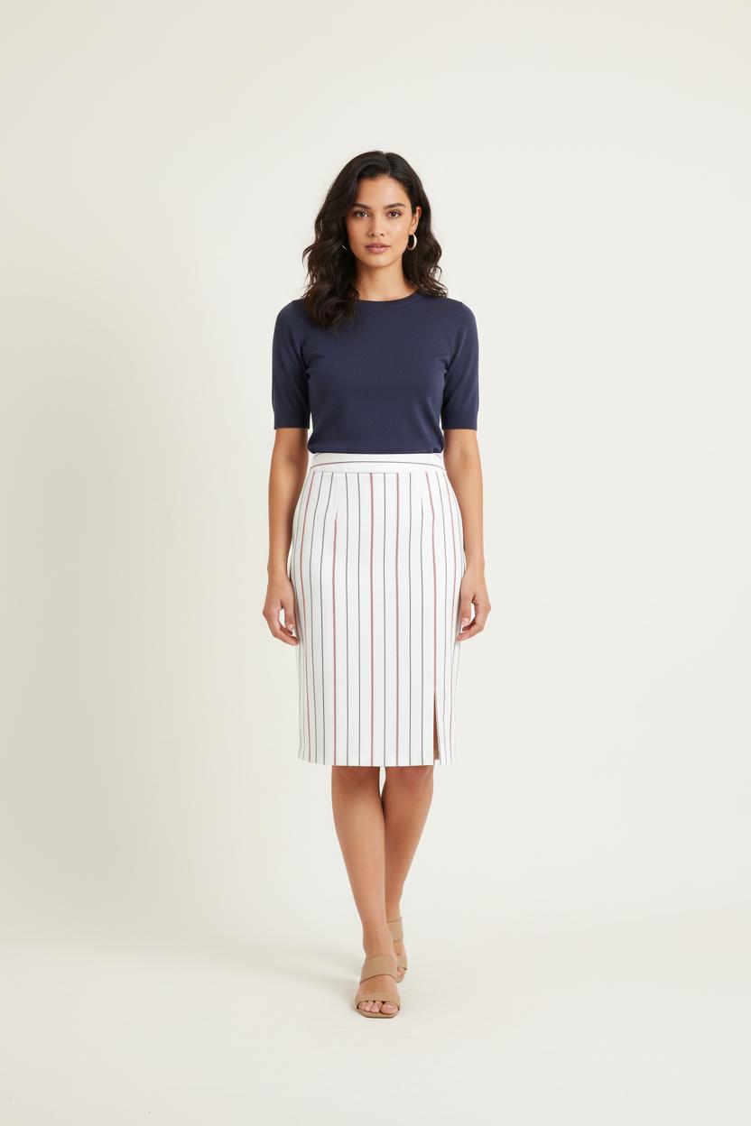 Jupe Midi Blanche à Rayures Bleues et Rouges - Taille XL/42
