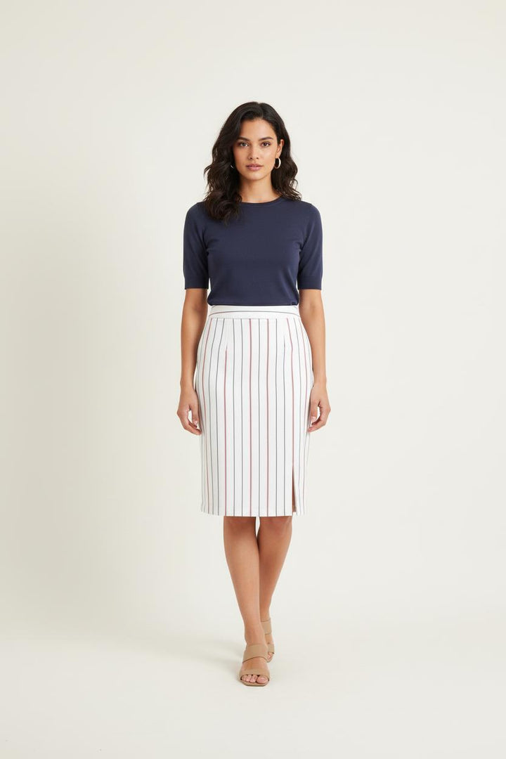 Jupe Midi Blanche à Rayures Bleues et Rouges - Taille XL/42