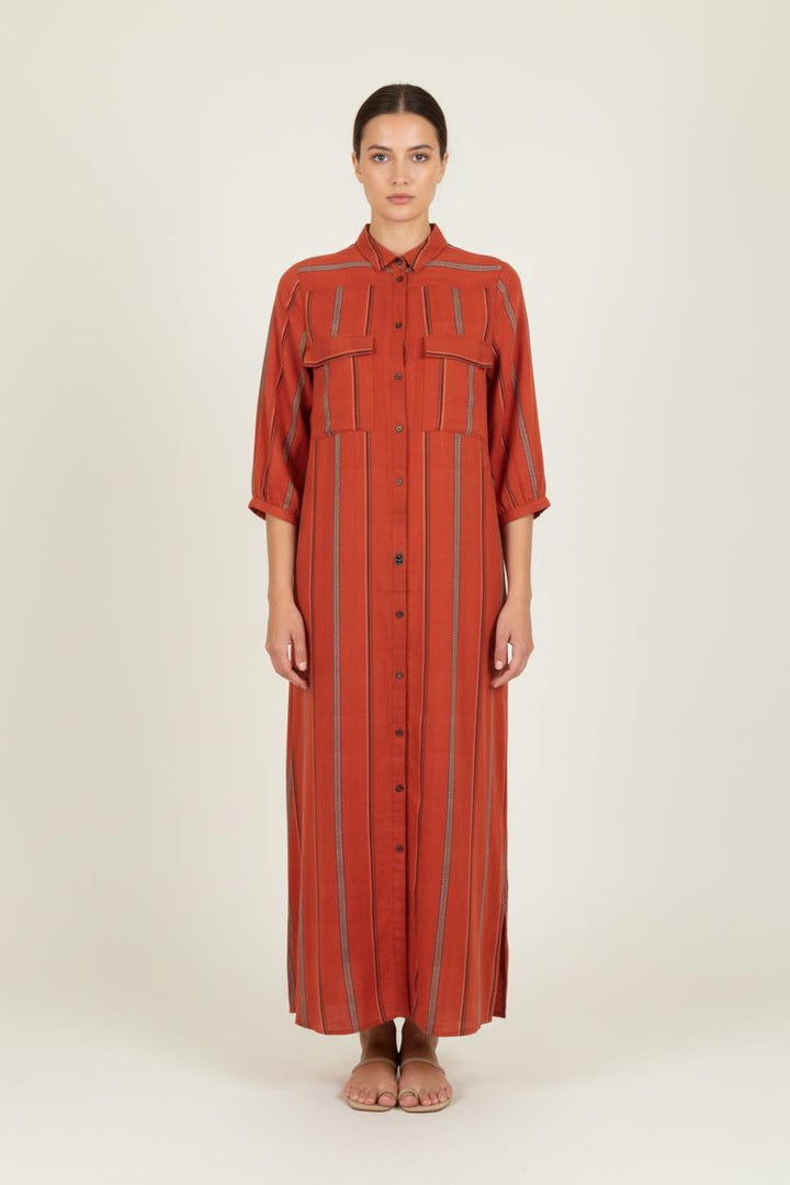 Robe Chemise Longue Rouge et Beige - Taille S/36 de la marque ba&sh | PARAD82214 - Vendu par Paradigme - Image 1