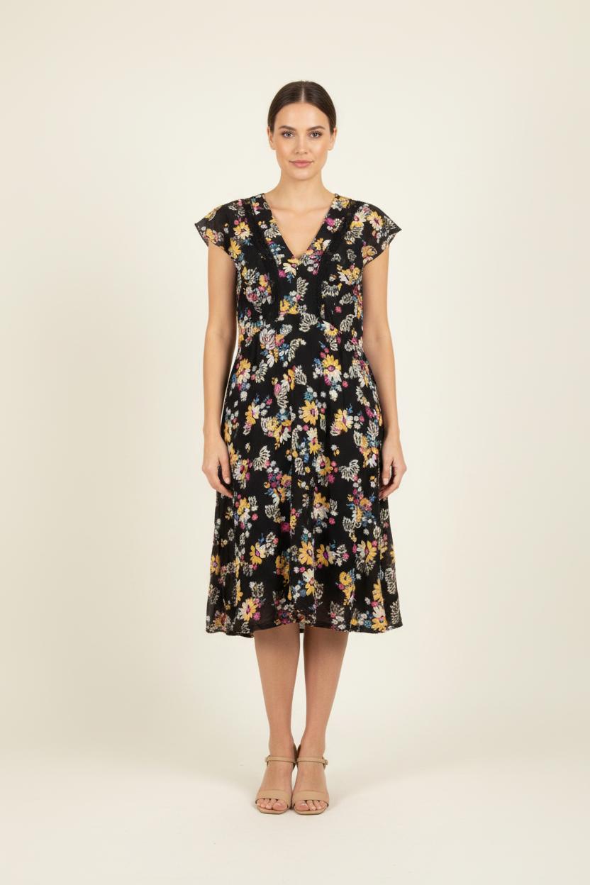 Robe Fleurie Noire et Jaune - Taille L/40 de la marque Caroll | PARAD82357 - Vendu par Paradigme - Image 1