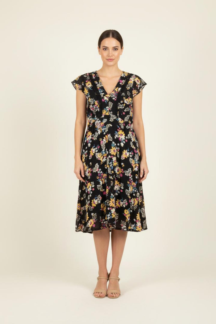 Robe Fleurie Noire et Jaune - Taille L/40 de la marque Caroll | PARAD82357 - Vendu par Paradigme - Image 1